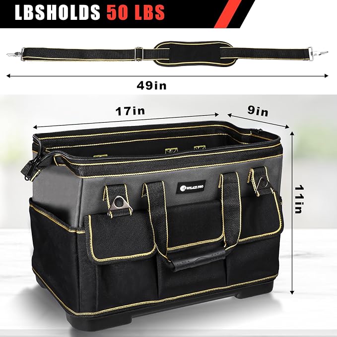 17 in Tool Bag For Men with Waterproof Molded Base, High Capacity Wide Mouth Tote, Construction Worker Electricians Tool Bags, Large Tool Bag Organizer for Men Women (GREY)