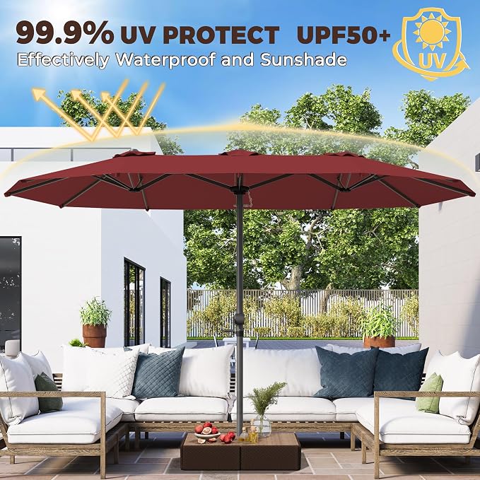 GDPFN 13FT Large Patio Umbrella, Outdoor Deck Standing Umbrella with Crank Handle, Double-Side Rectangular Pool Umbrella for Outside, Market, Patio, Burgundy (Base Not Include)