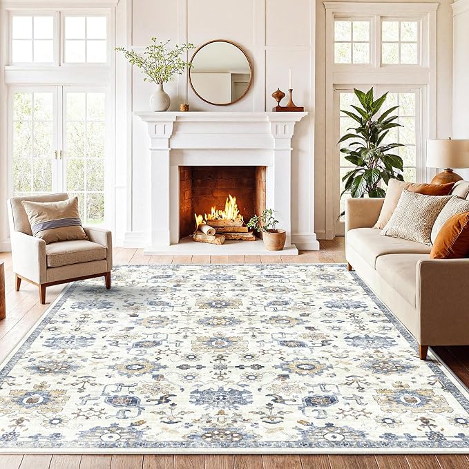 AMADA HOMEFURNISHING 5x7 Area Rugs, Washable Living Room Rug Low-Profile with Non-Slip Backing & Durable Edge Binding, Vintage 5x7 Rugs for Living Room, Bedroom, Dining Room