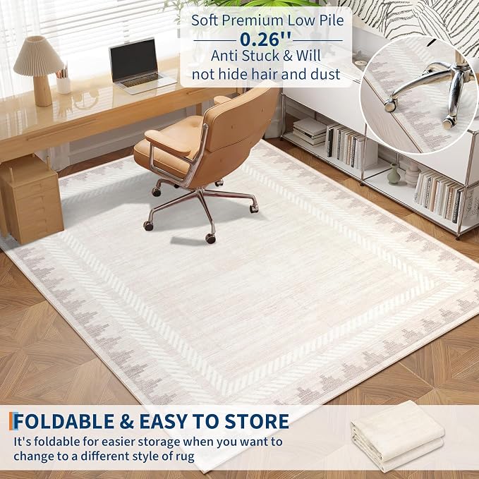 GarveeHome Washable Area Rug 9x12 Cream Rugs Unique Bordered Neutral Living Room Rug,Modern Geometric Rug for Farmhouse Non Slip Soft Non Shedding Low Pile Neutral Carpet for Open Spaces Office