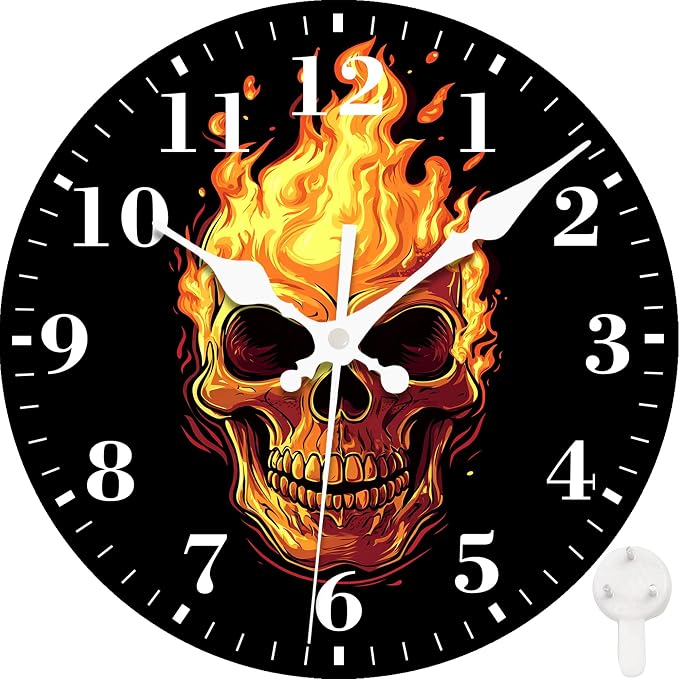 Wall Clock, Fire Skull Silent Non Ticking Battery Operated Round Decorative Indoor Outdoor Clocks for Living Room Kitchen Bedroom Bathroom Patio 12"