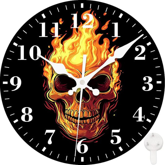Wall Clock, Fire Skull Silent Non Ticking Battery Operated Round Decorative Indoor Outdoor Clocks for Living Room Kitchen Bedroom Bathroom Patio 12"
