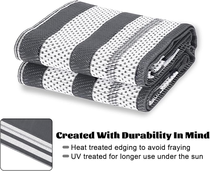 Garvee 9x12 Outdoor Rug for Patio Plastic Straw Rug Waterproof Reversible Mat Lightweight Foldable Carpet Easy Clean Large Rugs for Patio Porch Backyard Camping RV Beach Balcony Deck Panel Grey