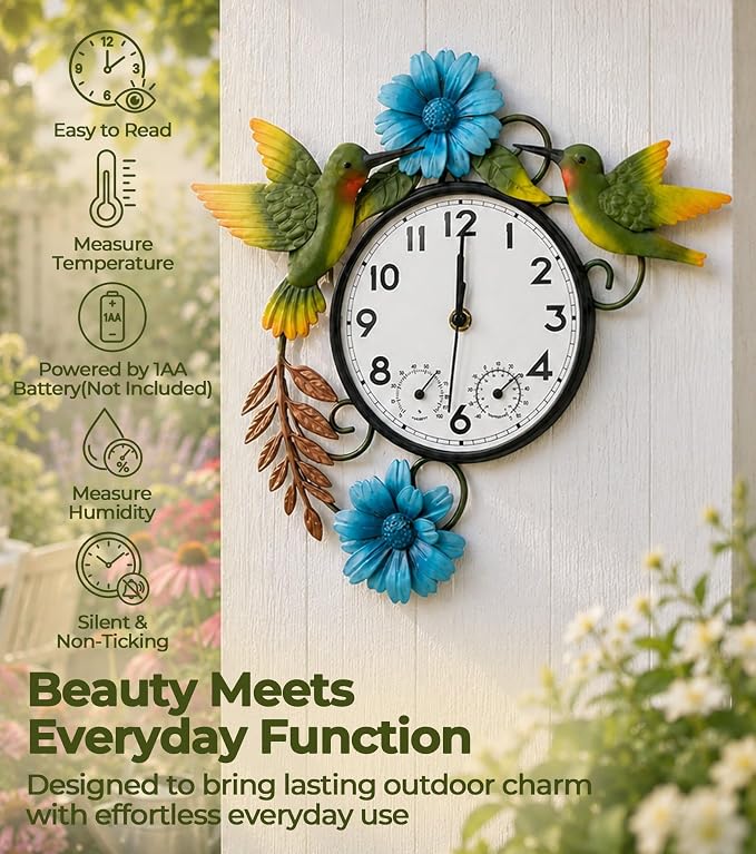 Outdoor Clock with Thermometer and Hygrometer Combo | Silent Non-Ticking Outside Clocks for Patio Waterproof, Metal Decorative Wall Clock for Living Room, Blue Daisy & Hummingbird