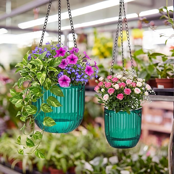 Maxcheck 2 Pcs Self Watering Hanging Planters Indoor Gift 6.5'' 4.5'' Hanging Flower Pots Baskets Outdoor Emerald Self Watering Plant with 2 Hooks Drainage Holes for Home