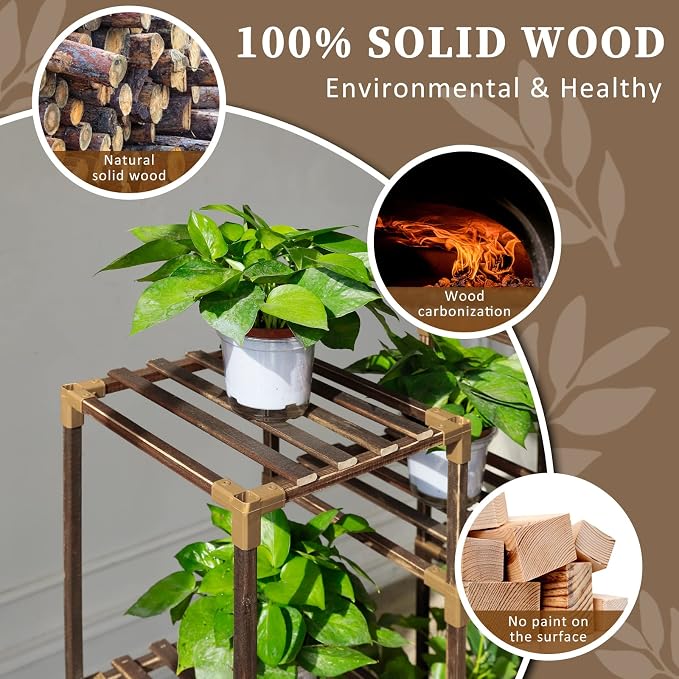 Uneedem Plant Stand Indoor Outdoor, Tall Plant Shelf for Multiple Plants, 10 tiers 11 Pot Large Plants Holder Rack Wood Plant Shelves for Room Corner Balcony Garden Patio