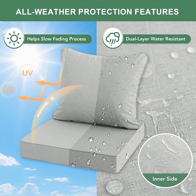 Summsun Patio Cushions for Outdoor Furniture, Faux Linen Water Resistant Backrest and Deep Seat Cushion Set with Non-Slip Bottom, Ties, Removable Cover, 24 x 24 Inch, Light Grey