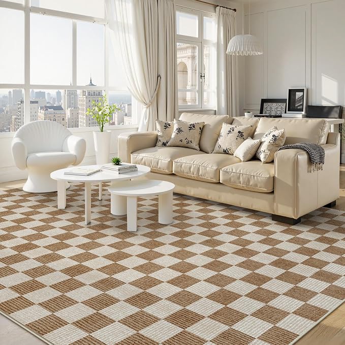 LIVEBOX 9x12 Area Rugs for Living Room, Checkered Non-Slip Washable Rugs, Farmhouse Neutral Classic Geometric Large Boys Area Rug for Bedroom, Carpet for Living Dining Room Office(Brown,9'x12')