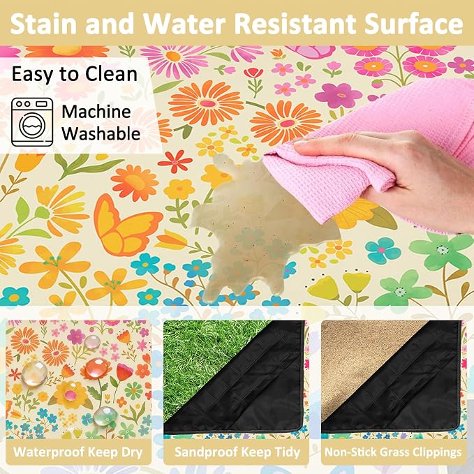 Floral Picnic Blankets Waterproof Foldable, 80″X80″ Extra Large Picnic Mat Boho Outdoor Blanket for Grass, Cute Packable Beach Blanket Sandproof Picnic Accessories for Camping Music Festival Park Lawn