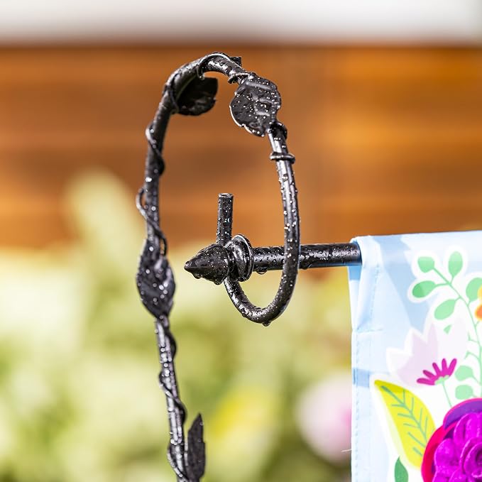 Evergreen Scroll American Garden Flag Stand Leaves Vine | Premium Metal Iron Flag Holder Stand | Fits 12x18 Garden Flags for Outside Deck Patio | Weatherproof Outdoor