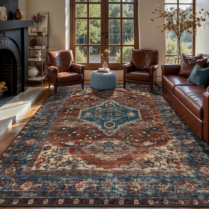 Tangsoo 6x9 Washable Area Rugs for Living Room, Oriental Non Slip Large Rug | Vintage Indoor Print Carpet, Boho Soft Low Pile Foldable Floor Rug for Bedroom Dining Room Dorm Office Rust Blue Home Decor