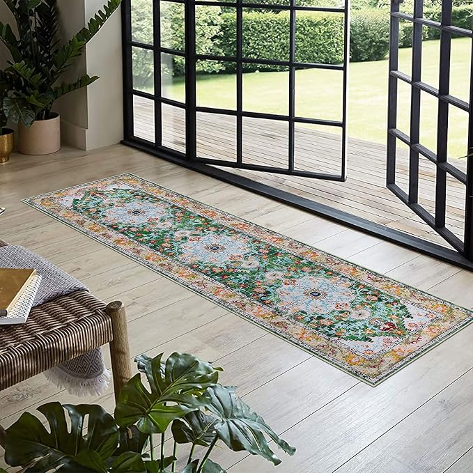 U'Artlines 2' x 8' Boho Hallway Runner Rug Non Slip Washable Runners,Green | Vintage Farmhouse Kitchen Rug Accent Area Carpet for Entryway Laundry and Living Room