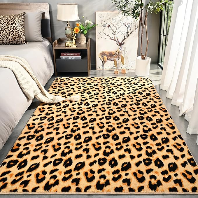 Amearea Soft Leopard Rugs for Bedroom Living Room, 6x9 Cheetah Print Rug | Fluffy Indoor Thickened Memory Foam Rug, Washable Animal Rug Carpet for Kids Boys Girls Dorm Nursery Room Home Decor, Khaki