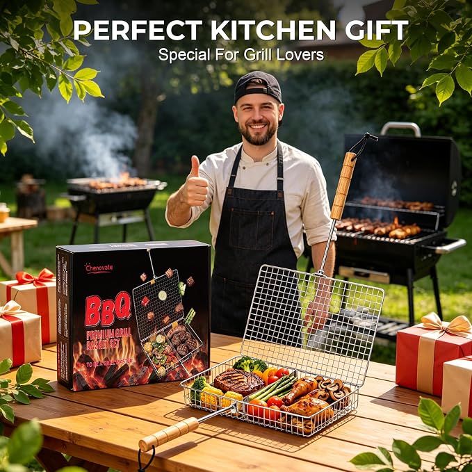 Grill Baskets for Outdoor Grill,Removable Wooden Handle and Divider Panel,BBQ Accessories for Grilling Fish,Veggies,Shrimp,Meat,Premium 304 Stainless Steel,Grilling Tools for Outdoor Cooking & Picnics,Gifts for Father’s Day,Birthday,Festival,Anniversary