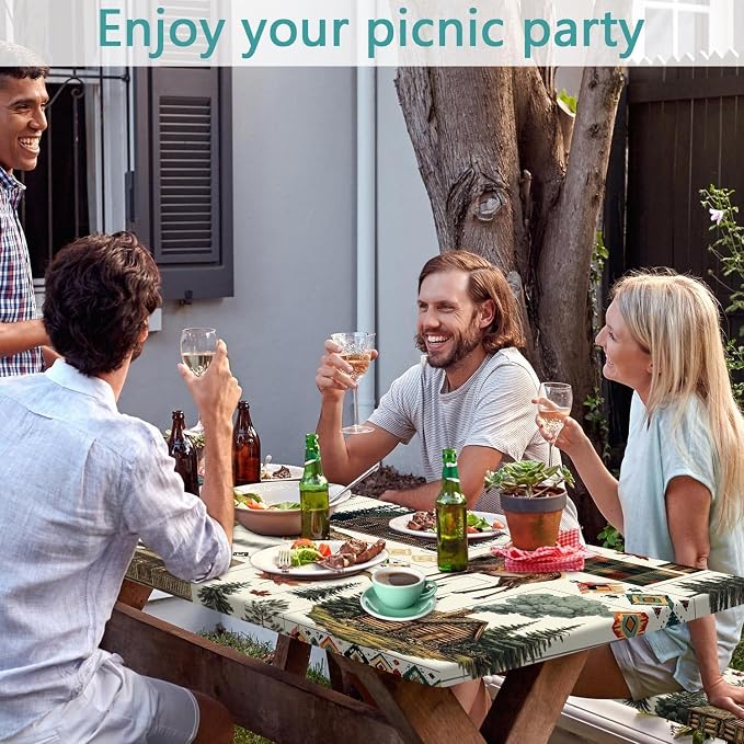 Picnic Table Cover with Bench Covers Camping Elastic Edge Essentials Waterproof Windproof Camping Tablecloth with Drawstring Bag, Fitted Rectangle Tables and Seats, 30X96 Inch, Rustic Cabin Bear Deer