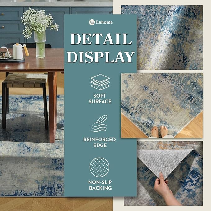 Lahome Modern Abstract Washable Area Rugs 5x7, Soft Living Room Rug Non Slip Stain Resistance, Faux Wool Floor Carpet for Bedroom Dining Room Nursery Kids Playroom,Blue/Grey