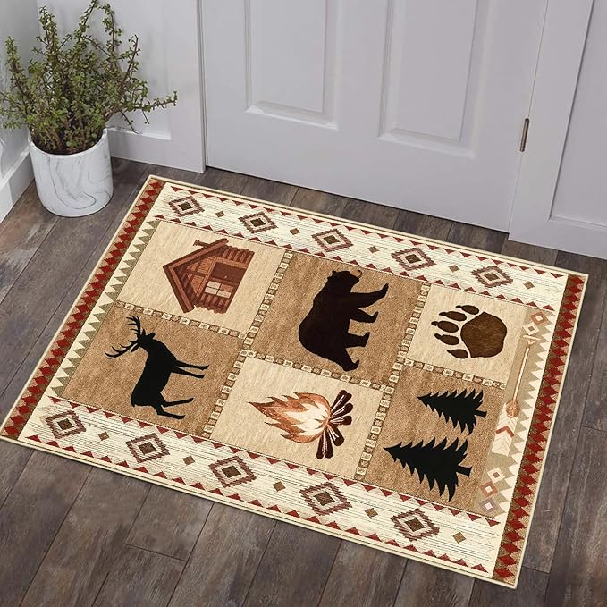 Cabin Bear Rustic Rug 2x3 for Entryway Lodge Deer Wildlife Country Area Rug Farmhouse Animal Western Door Mat Machine Washable Non-Slip Printed Low-Pile Carpet for Kitchen Bathroom Laundry Room