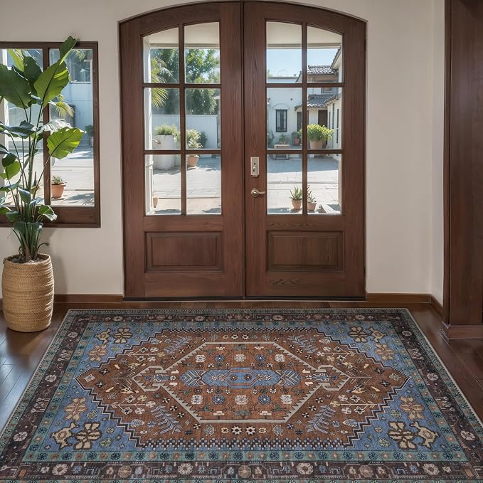Ciicool Washable 3x5 Area Rug,Boho Non-Slip Indoor Mat for Entryway Kitchen | Oriental Low-Pile Soft Vintage Boho Indoor Entry Carpet for Bedroom Bedside Living Room Laundry Dining Room