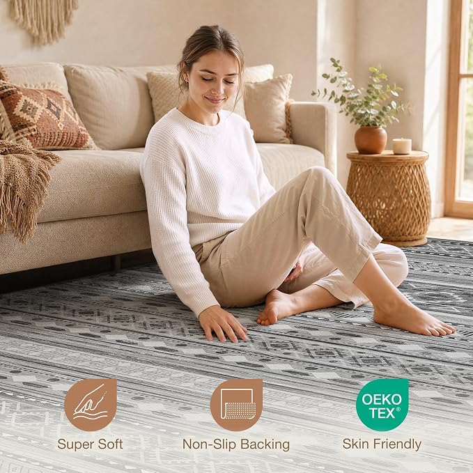 cotiled Boho 5x7 Area Rugs for Living Room: Soft Moroccan Washable Rug | Solve Modern Neutral Trendy Home Decor - Stain Resistan Carpet for Bedroom Beige Grey