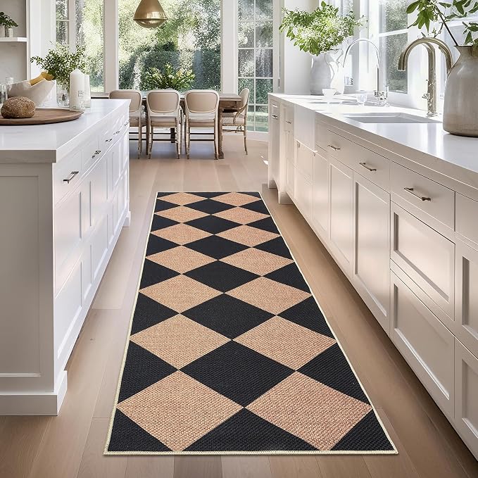 GarveeHome Easy Jute Rugs 2x8 Checkered Kitchen Runner Rugs Non Skid Washable Stain Resistant Indoor Outdoor Rugs for Living Room, Bedroom, Dining, Patio - Farmhouse Style Black Tan