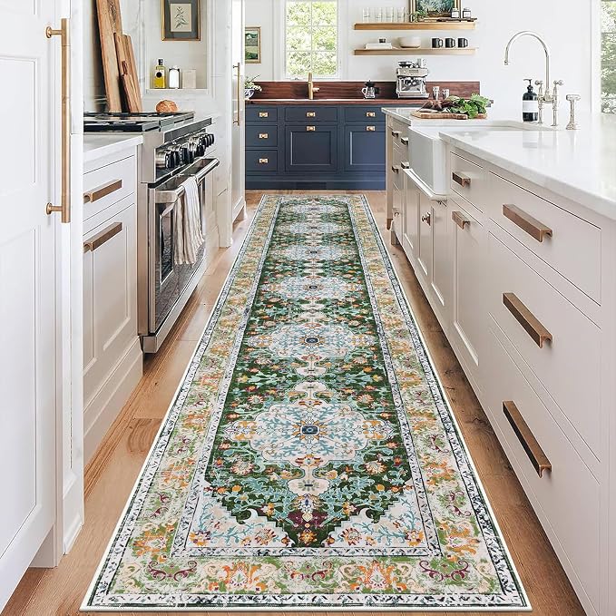 U'Artlines 2.6' x 14' Extra Long Boho Hallway Runner Rug, Green | Non Slip Washable Vintage Farmhouse Accent Area Rug Carpet for Kitchen Entryway Laundry and Living Room