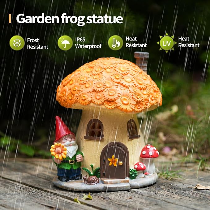 7.48" Mushroom House Garden Statue with Solar Light, Sunflower and Snail | Whimsical Outdoor Garden Decor for Lawn, Balcony, Patio, Porch and Yard, Charming Housewarming Gift for Garden Lovers
