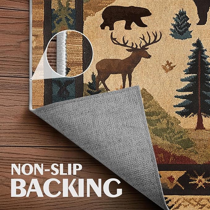 Farmhouse Cabin Area Rug Rustic Deer Bear Washable 3x5 Rugs for Living Room Bedroom Western Country Non-Slip Soft Floor Large Carpet for Office Entryway Bathroom