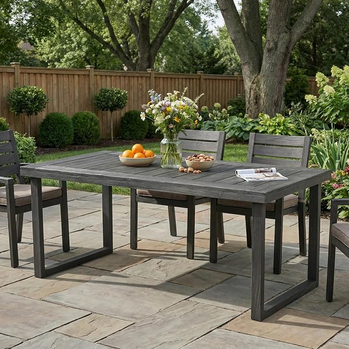 Merax 69" Outdoor Acacia Wood Dining Table, Rectangular Patio Table with Slatted Surface, Sandblast Dark Gray Finish