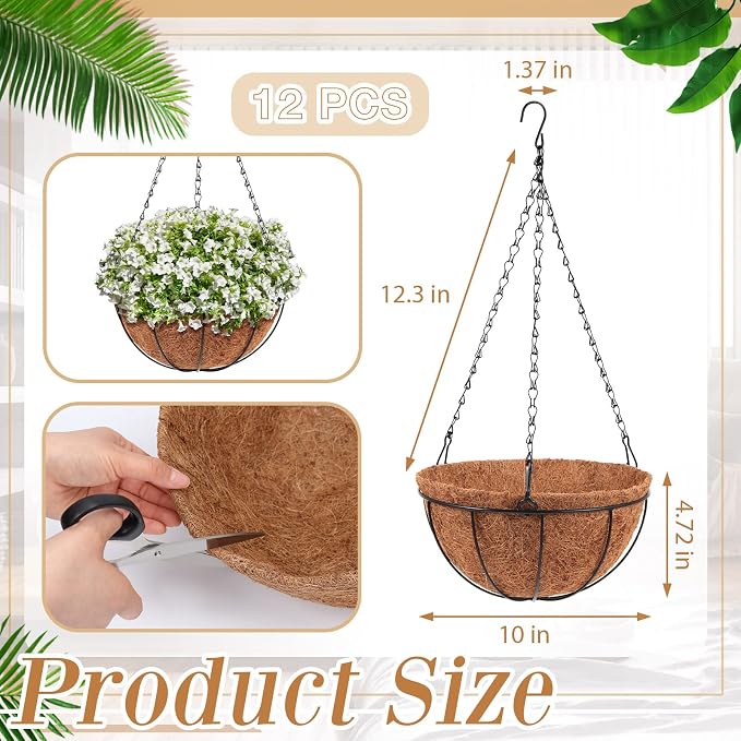 Dandat 12 Pack Hanging Planter Basket Outdoor Large Hanging Flower Pots Indoor 10 inch with Coco Coir Liner Round Wire Plant Holder Chain Basket Garden for Home Decor Balcony Office