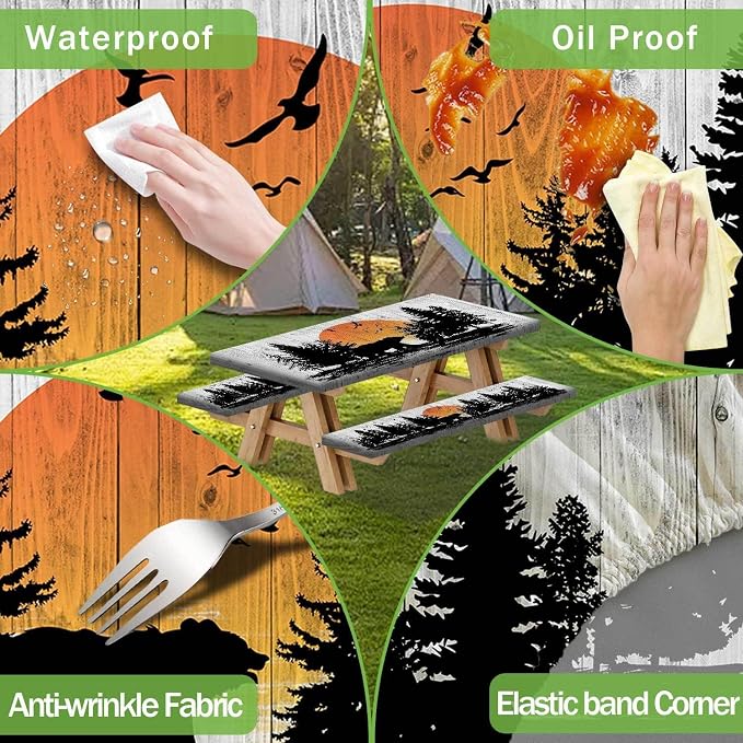 Picnic Table Cover with Bench Covers Wooden Forest Cabin Camping Essentials Waterproof Windproof Camping Tablecloth with Drawstring Bag, Fitted Rectangle Tables and Seats White，96" x 30" inch
