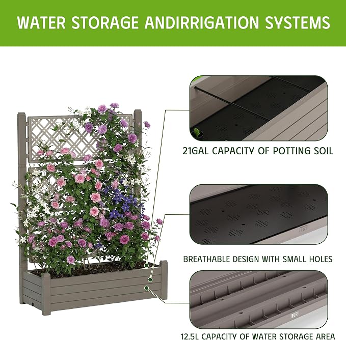 Elevated Raised Garden Bed with Trellis,Resin Planter Boxes Outdoor for Backyard Balcony,Large Patio Planter Box for Herbs Flowers Vegetables(Grey)