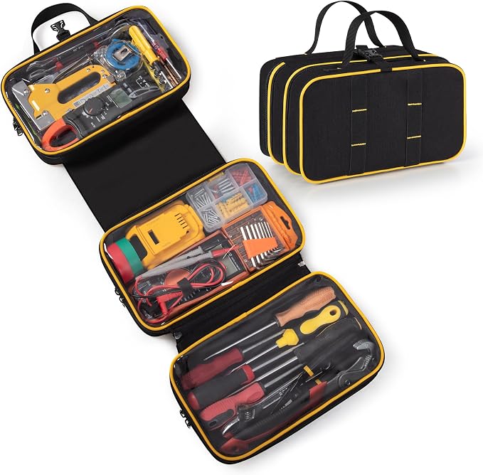 Marscamd Roll Up Tool Bag with 3 Clear Window Cases (One Detachable), Tri-fold Tool Bag Organizer for Hand Tools, Black