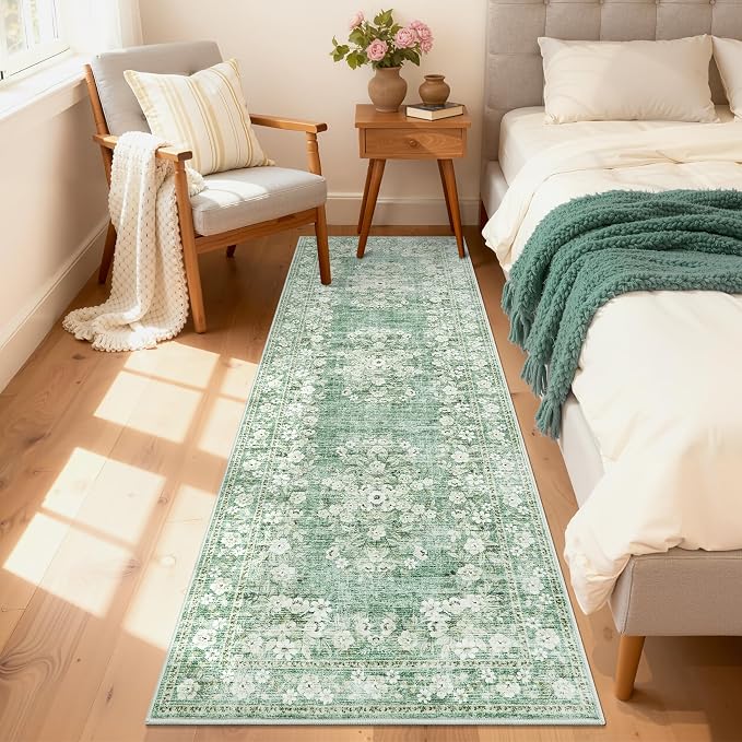 GarveeHome 2x10 Vintage Runner Rug for Kitchen Botanical Throw Floor Cover | Machine Washable Low Pile Leaf and Flower Long Rugs for Entryway Distressed Non-Slip Beige Carpets Floral Rug for Bathroom