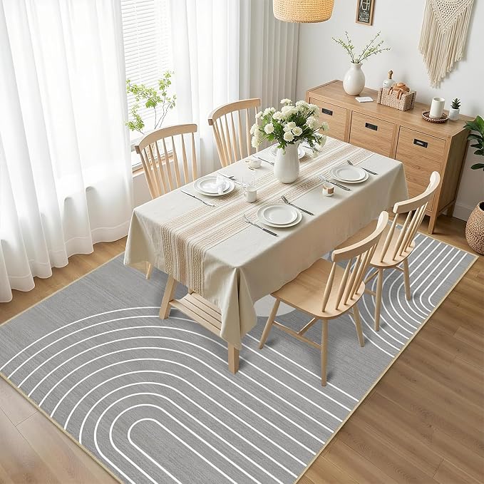 Boho Rug 3x5 Modern Geometric Minimalist Abstract Line Area Rug for Entryway Living Room Grey Mid Century Modern Machine Washable Non-Slip Printed Low-Pile Floor Carpet for Kitchen Bedroom Gray