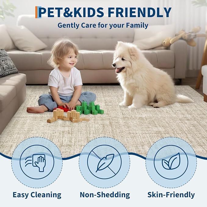 Garvee Washable 8x10 Rug for Living Room Modern Solid Neutral Rug Beige | Soft Non Slip Rugs for Bedroom, Low Pile Neutral Rug, Stain Resistant Foldable Carpet for Playroom Dorm, Farmhouse Rugs