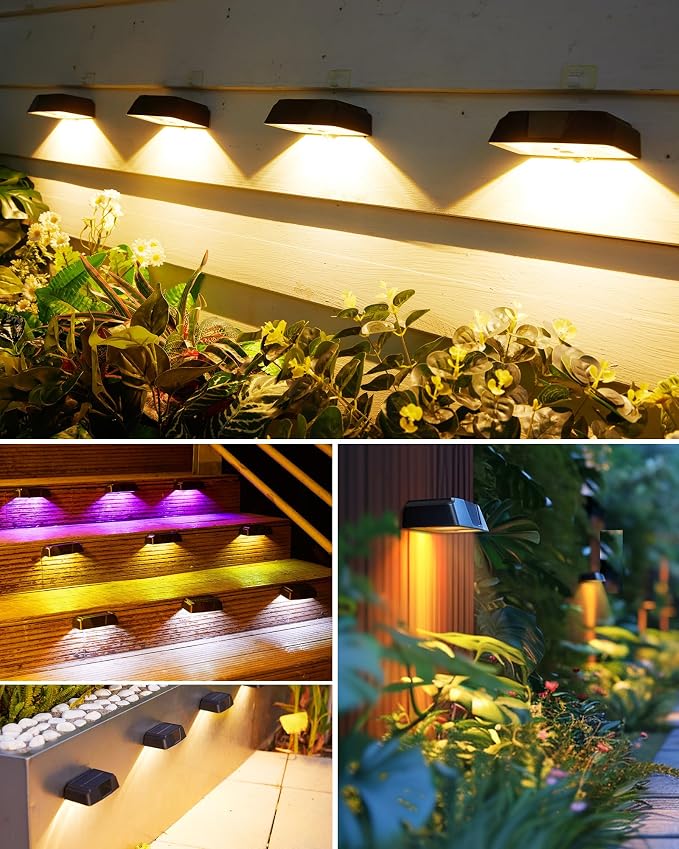 Brightown 6 Pack Solar Lights Outdoor Waterproof, Color Changing Solar Fence Deck Step Flood Lights, 7 RGB & Warm White/Cool White, IP65 Waterproof Garden Light for Yard