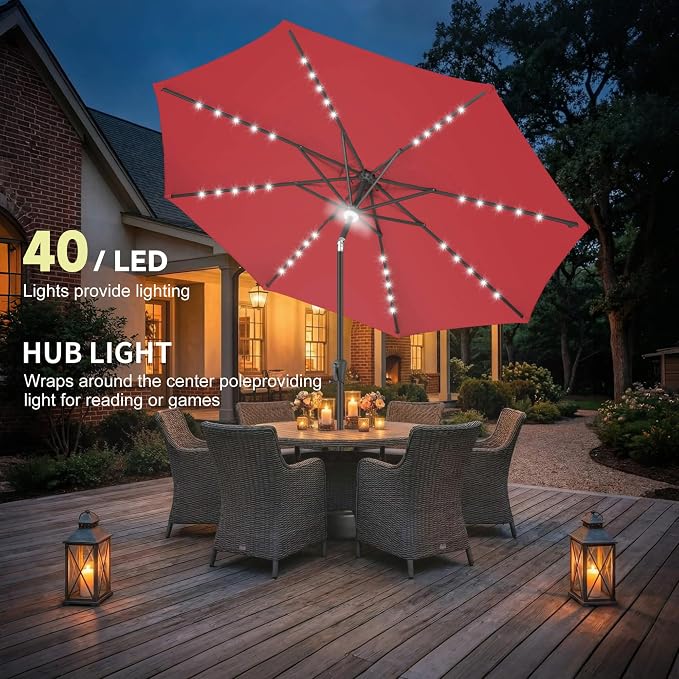 10ft Solar Umbrella Outdoor - Lighted Solar Patio Umbrella with 40 LED Lights Waterproof UV Protection, Table Umbrella with Tilt for Pool, Porch, Garden, Deck, Backyard (Red)