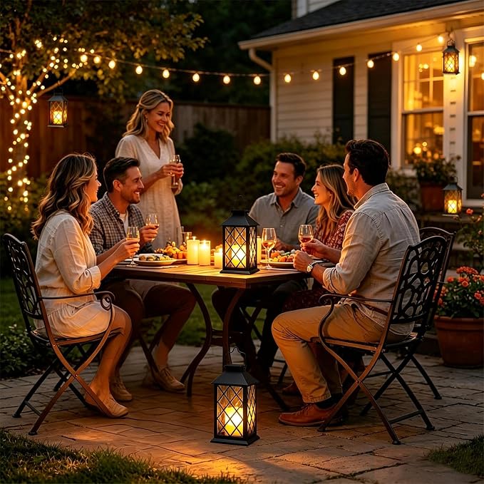 Solar Lanterns Outdoor Waterproof, 2 Pack 14'' Large Tempered Glass Outdoor Lanterns with Flameless Candle, Solar Hanging Lantern Decorative for Patio Porch Garden Table Deck Outside - Black