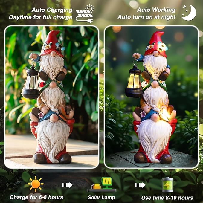 twinbling 12 in Garden Gnome Statue with Solar Lights Birthday Gift for Mom Woman Grandma Garden Sculptures Funny Triple Gnome Outdoor Patio Lawn Yard Balcony Home Decor