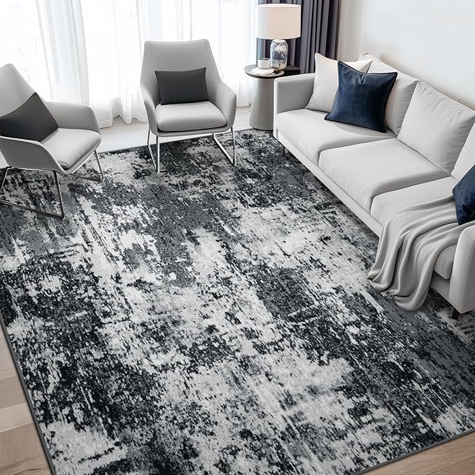 RELEANY Washable 5'x7' Abstract Area Rug for Living Room Black White | Carpet for Bedroom, Kitchen, Office, Hallway and Entryway, Printed Pattern, Non‑Slip, Soft, Stain‑Resistant, Easy to Clean