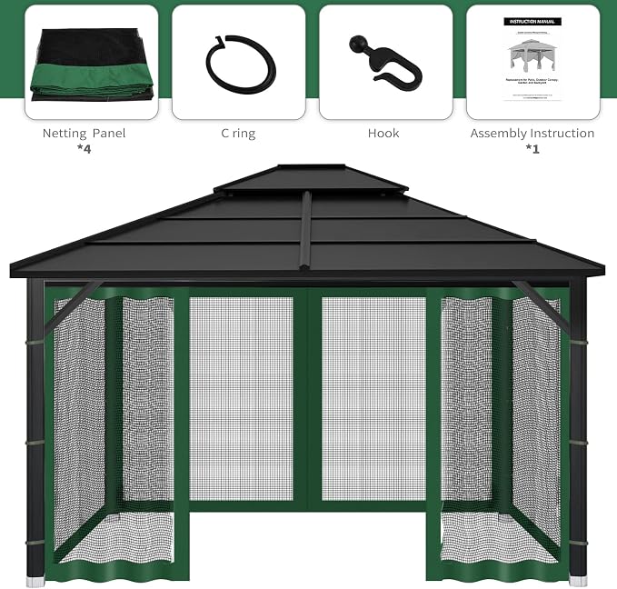 Gazebo Replacement Mosquito Netting Outdoor Universal Gazebo Canopy 4-Panels Screen Sidewalls with Zipper for Patio Garden (Green, 10x12)