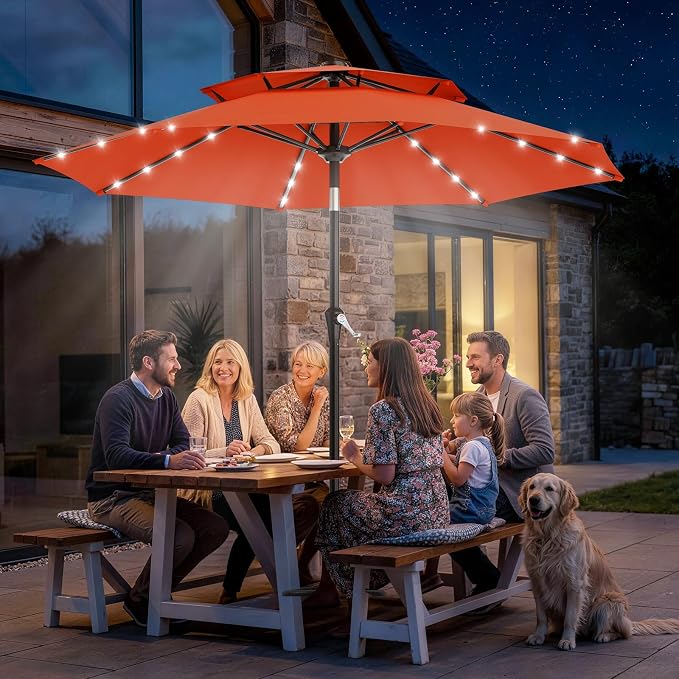 AreShark 9ft 2 Tiers Patio Umbrella with Solar Lights, Outdoor Umbrella w/ 32 LED Lights&8 Sturdy Ribs, Table Umbrella for Deck, Backyard, Pool(Orange)