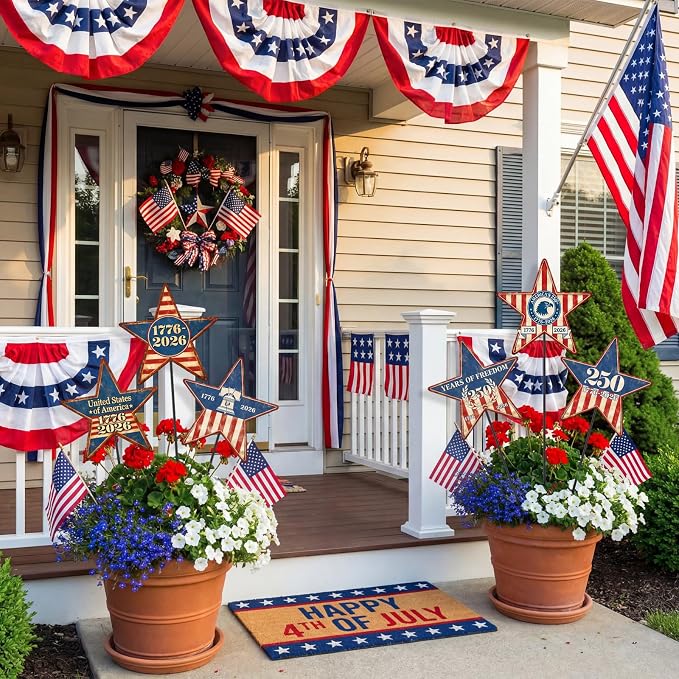 Pickmesh 6 Pcs 250th Anniversary America Yard Sign 4th of July Outdoor Decor 12" H Patriotic Metal Yard Sign Garden Stake Star 250th Anniversary USA 1776-2026 Outdoor Lawn Decor for Independence Day