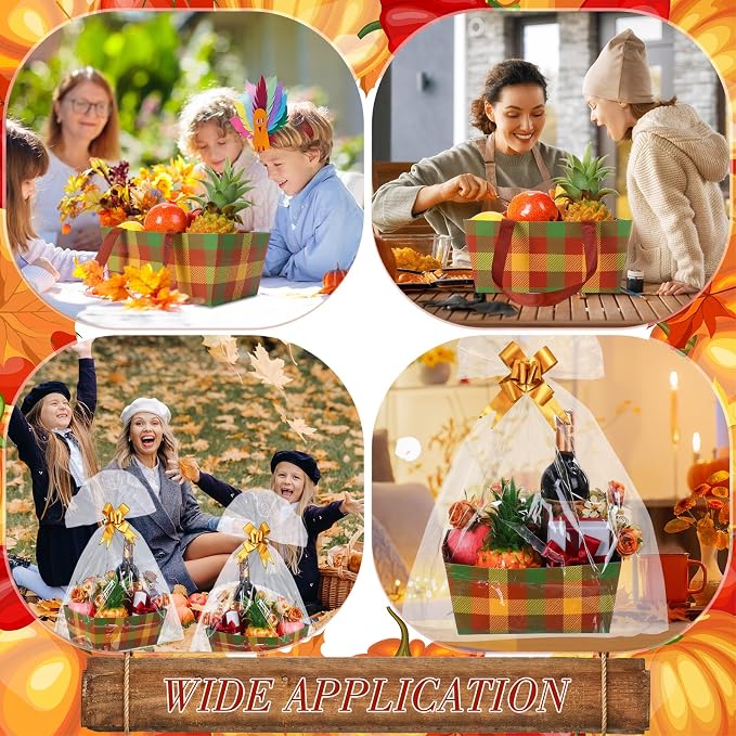 Qinyoung 12 Pcs Thanksgiving Basket for Gifts Empty 9.8 x 6.5'' Fall Plaid Gift Basket Empty to Fill with Handles, Bows, Plastic Bags and Twist Ties for Autumn Thanksgiving Party Favor Supplies
