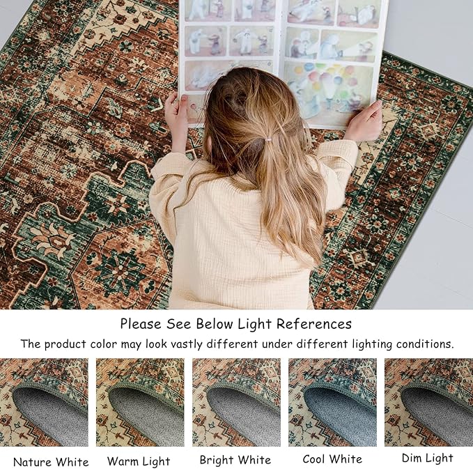 Moynesa Ultra-Thin Washable Runner Rug - 2x7 Kitchen Runner Stain Resistant Hallway Mat, Non-Slip Non-Shedding Bathroom Laundry Carpet Runner for Front Door Bedside Camper, Brick Red/Dull Teal