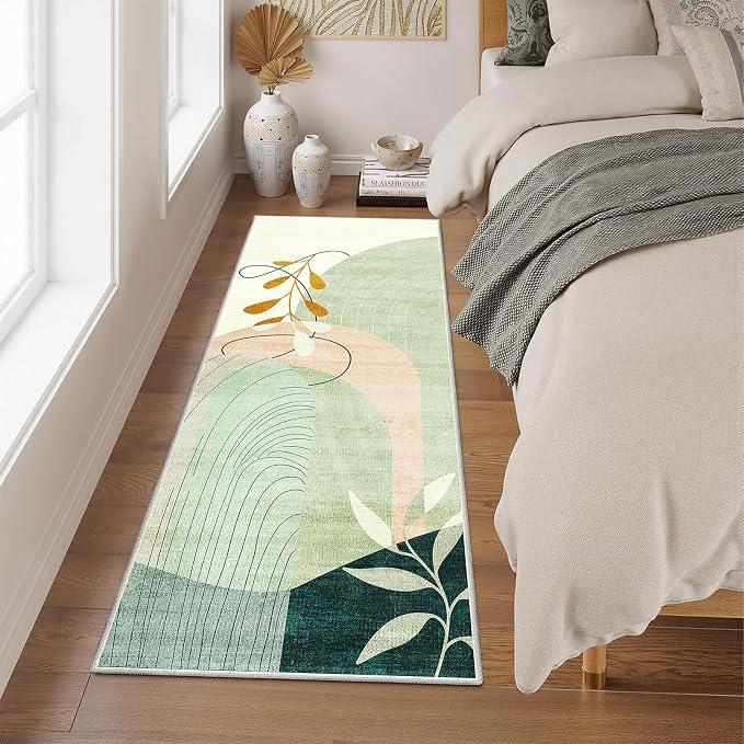 Washable Runner Rug 2x6 Area Rug Non Slip Mid Century Modern | Long Throw Carpet Runner for Hallway Kitchen Bedroom Bedside Laundry Room Floor Boho Abstract Retro Geometric Green