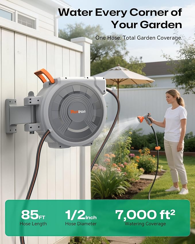Retractable Garden Hose Reel 85 ft x 1/2 inch, Heavy Duty Automatic Garden Hose Reels, High-Flow, Any Length Lock, 180° Swivel Bracket, Brass Fitting, Wall Mount Water Hose Reel for Outside