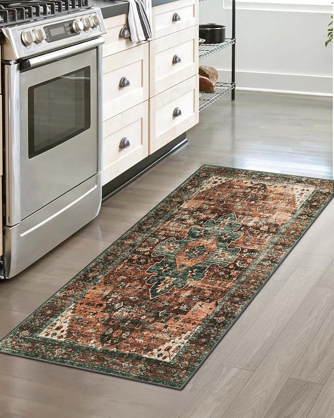 Moynesa Ultra-Thin Washable Runner Rug - 2x4 Laundry Room Rug Runners for Kitchen Non-Slip, Vintage Stain Resistance Non Shedding Bedroom Carpet Runner for Bathroom Hallway, Brick Red