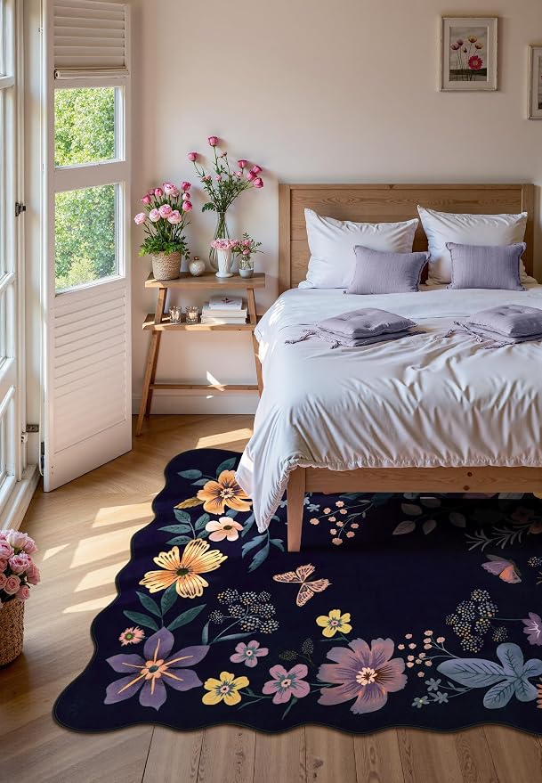 Lahome Floral Washable Rugs for Living Room, Soft 5x7 Area Rugs Ultra-Thin | Non-Slip Bedroom Rug Stain Resistant Boho Low-Pile Throw Carpet for Dining Room Office Flore (5x7ft, Purple)