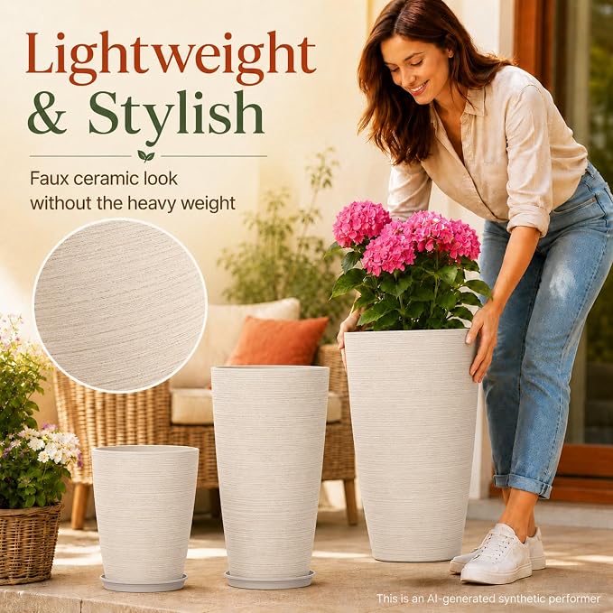 Neoaider Set of 3 Tall Planter, 24/21/12in Large Plastic Planter, OatColor | Ceramic-Look, Lightweight, Built-in Drain Hole, Saucers, Tall Outdoor Planter for Porch, Garden, Patio, Balcony